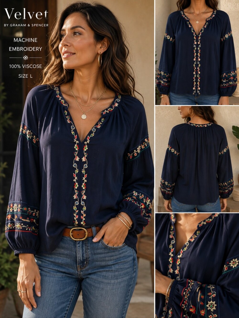 Velvet by Graham & Spencer Navy Embroidered Boho Blouse Size Large
